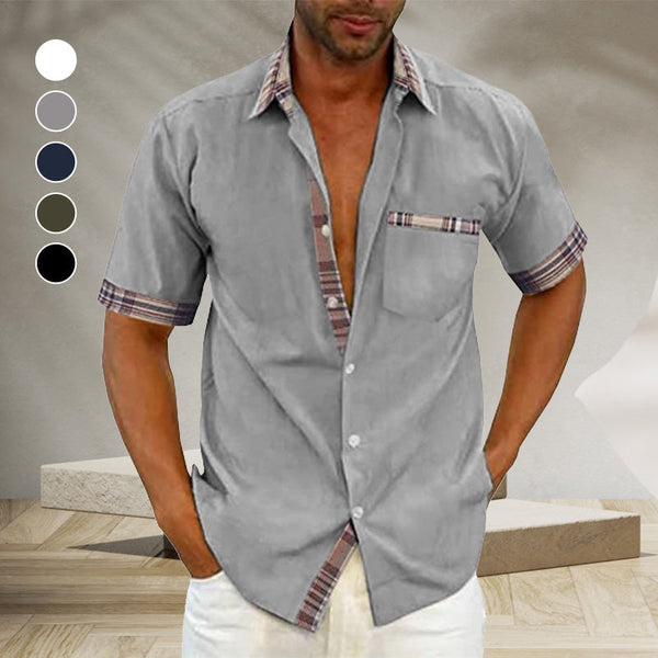 Sommarskjorta för män avslappnad rutig krage med knapp